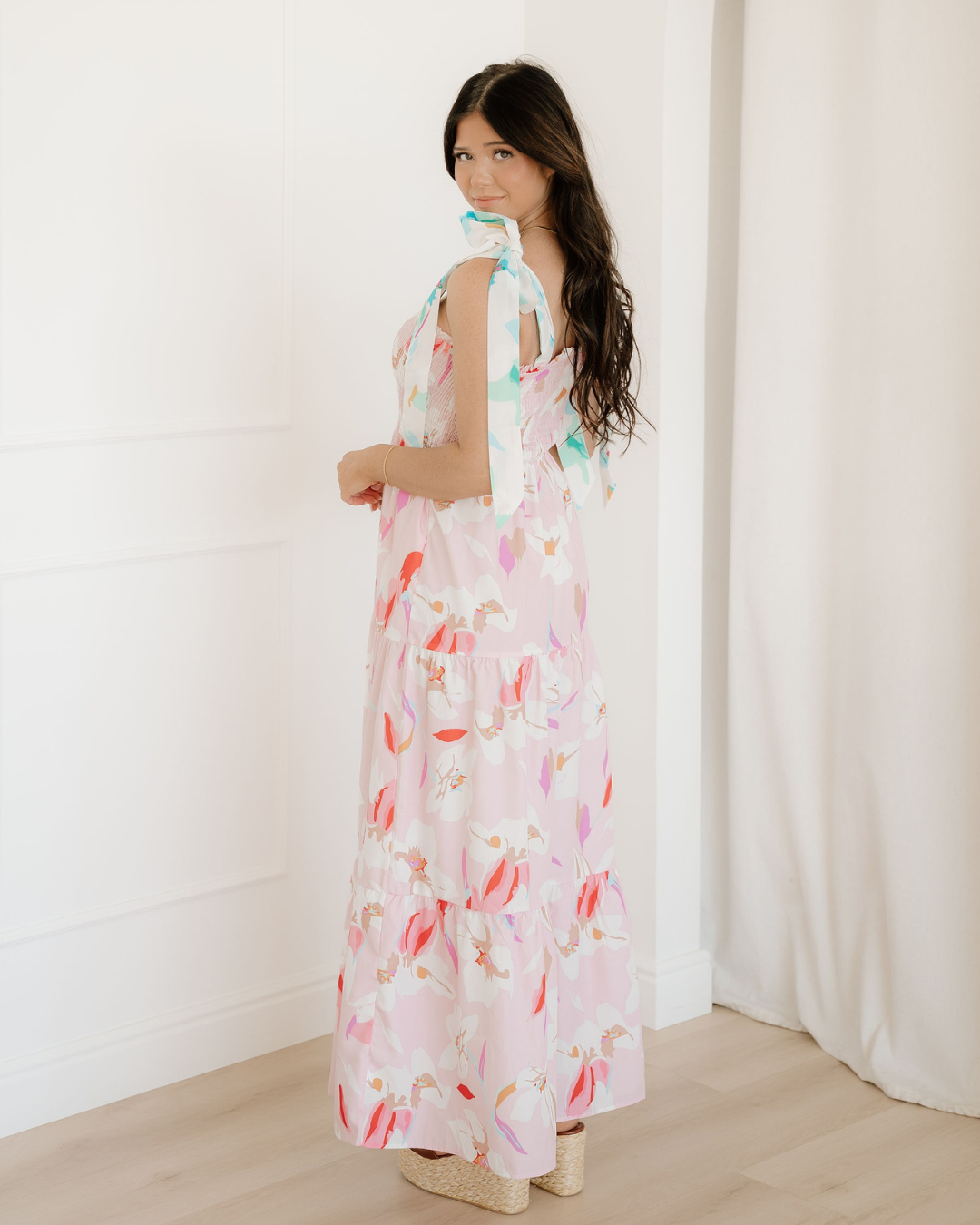 Solana Knotted Shoulder Smocked Maxi Dress