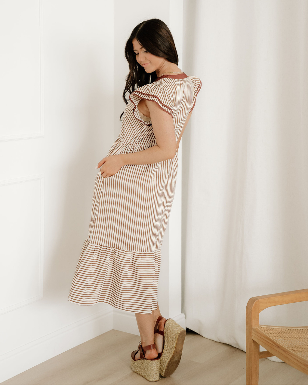 Nyla Ruffled Contrast Trim Midi Dress
