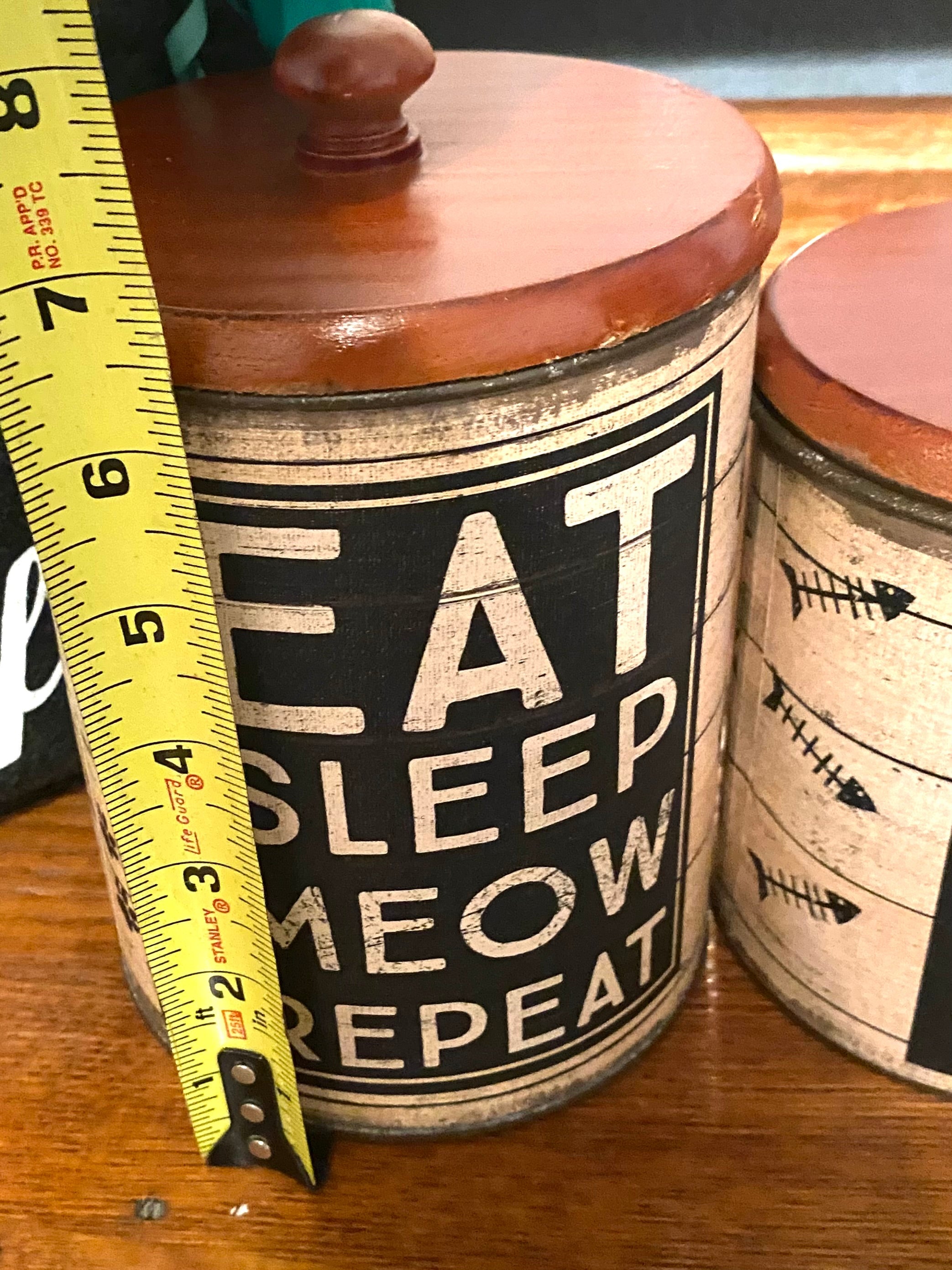 Eat Sleep Meow Repeat Cat Treat Canister Set – Rustic Farmhouse Pet Storage Decor Primitives by Kathy
