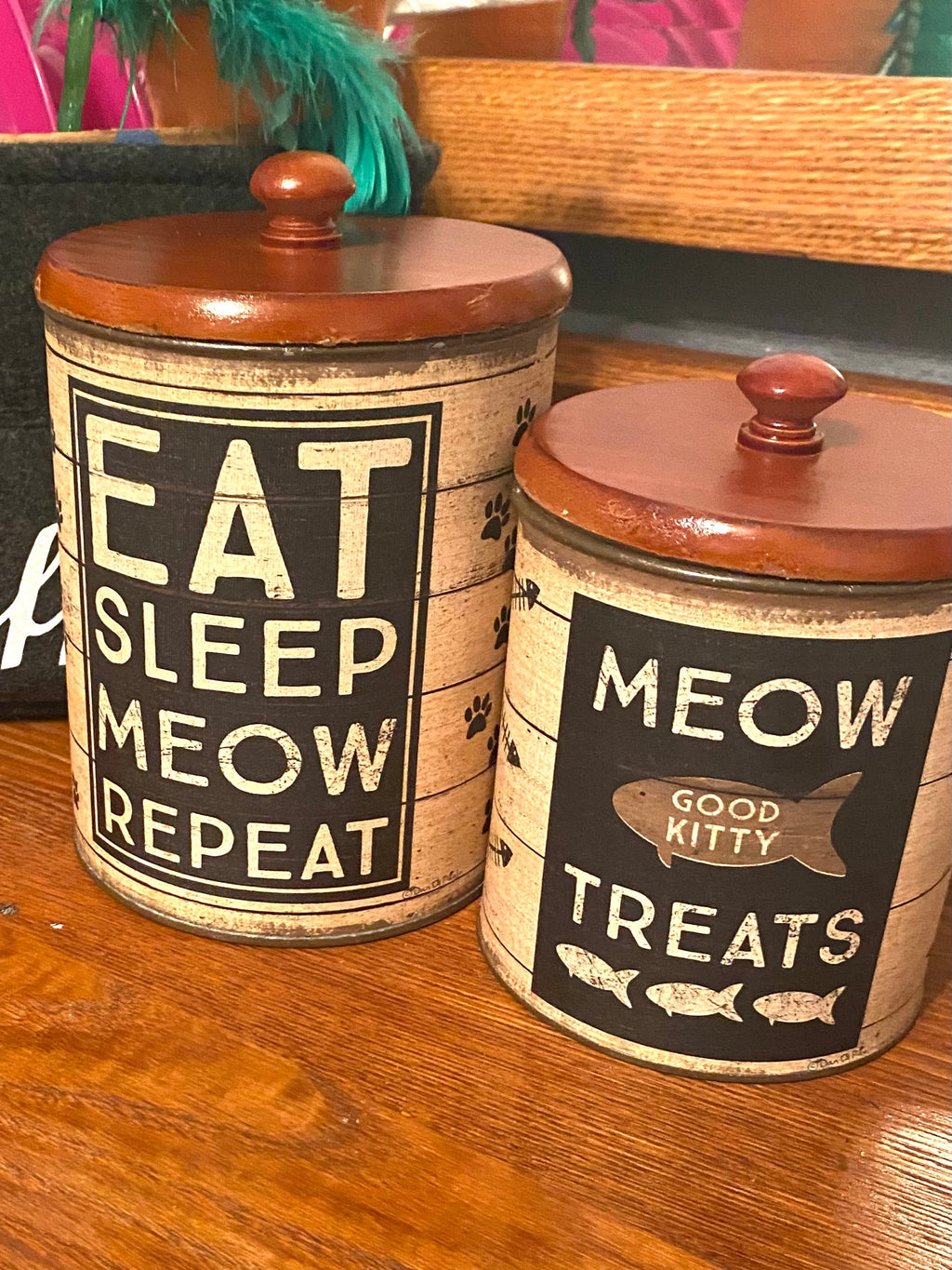 Eat Sleep Meow Repeat Cat Treat Canister Set – Rustic Farmhouse Pet Storage Decor Primitives by Kathy