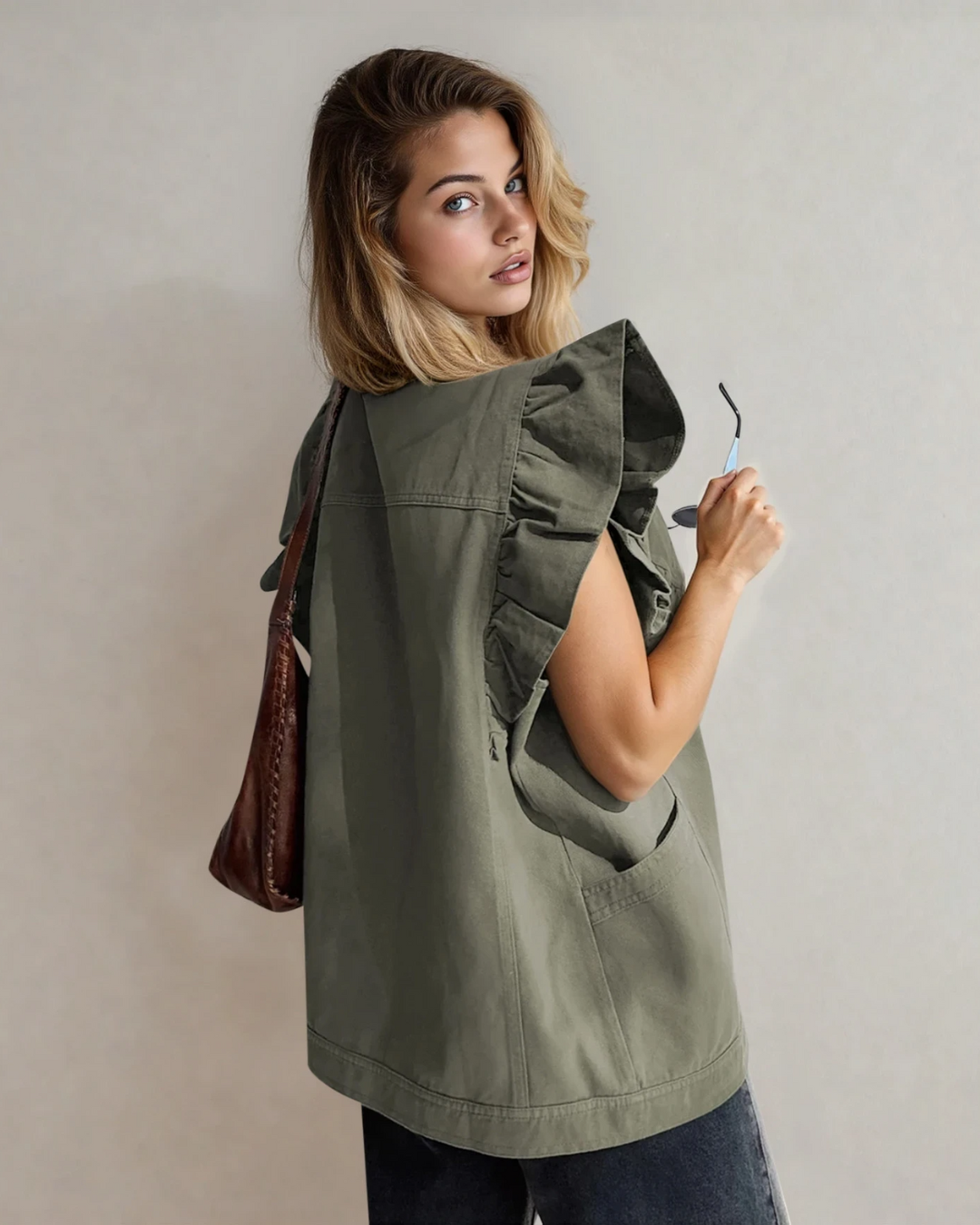 Margot Ruffle Plain Denim Jacket Vest - Green Indie & Co.