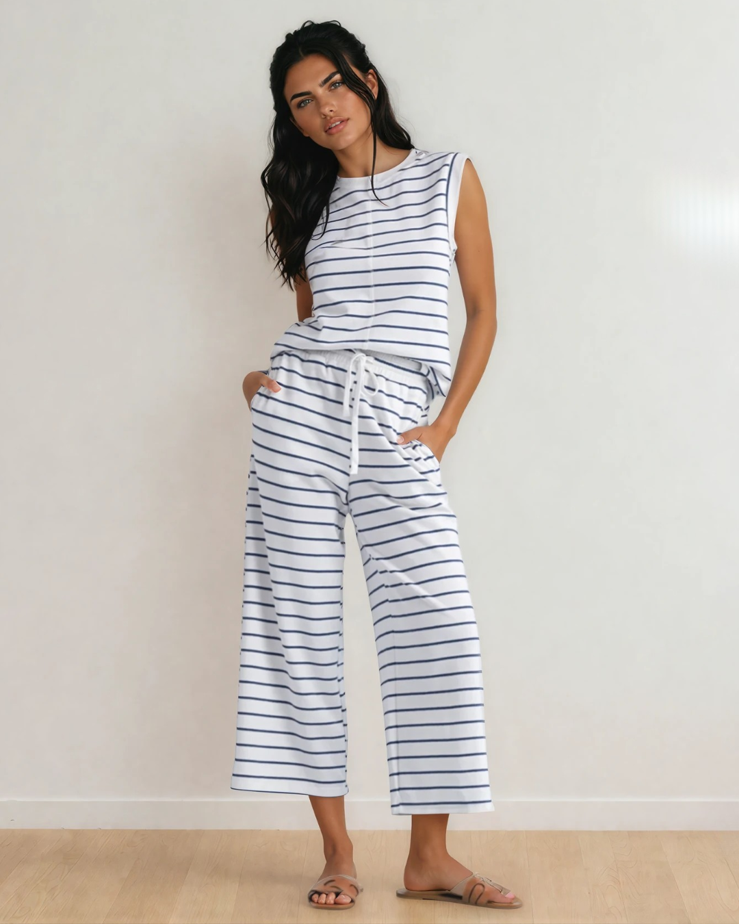 Clementine Blue Striped Knit Tee and Wide Leg Loungewear Set