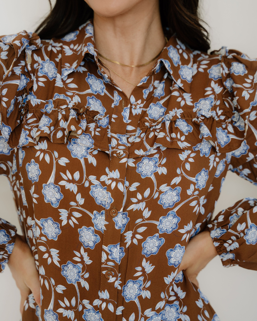 Luella Floral Print Ruffled Detail Shirt Collar Button Down Long Sleeve Dress Indie & Co.