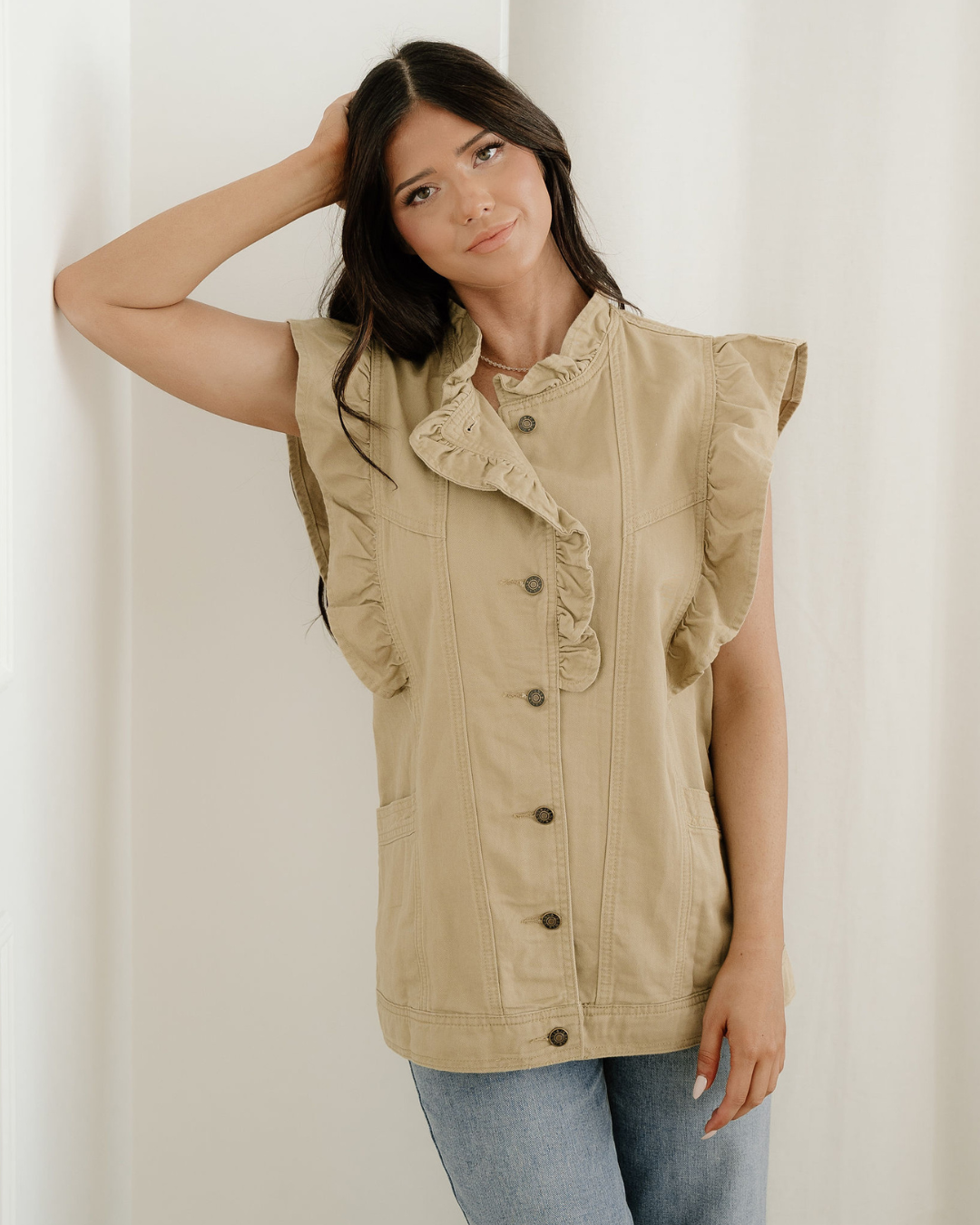 Margot Retro Ruffle Denim Jacket Vest – Pale Khaki Indie & Co.
