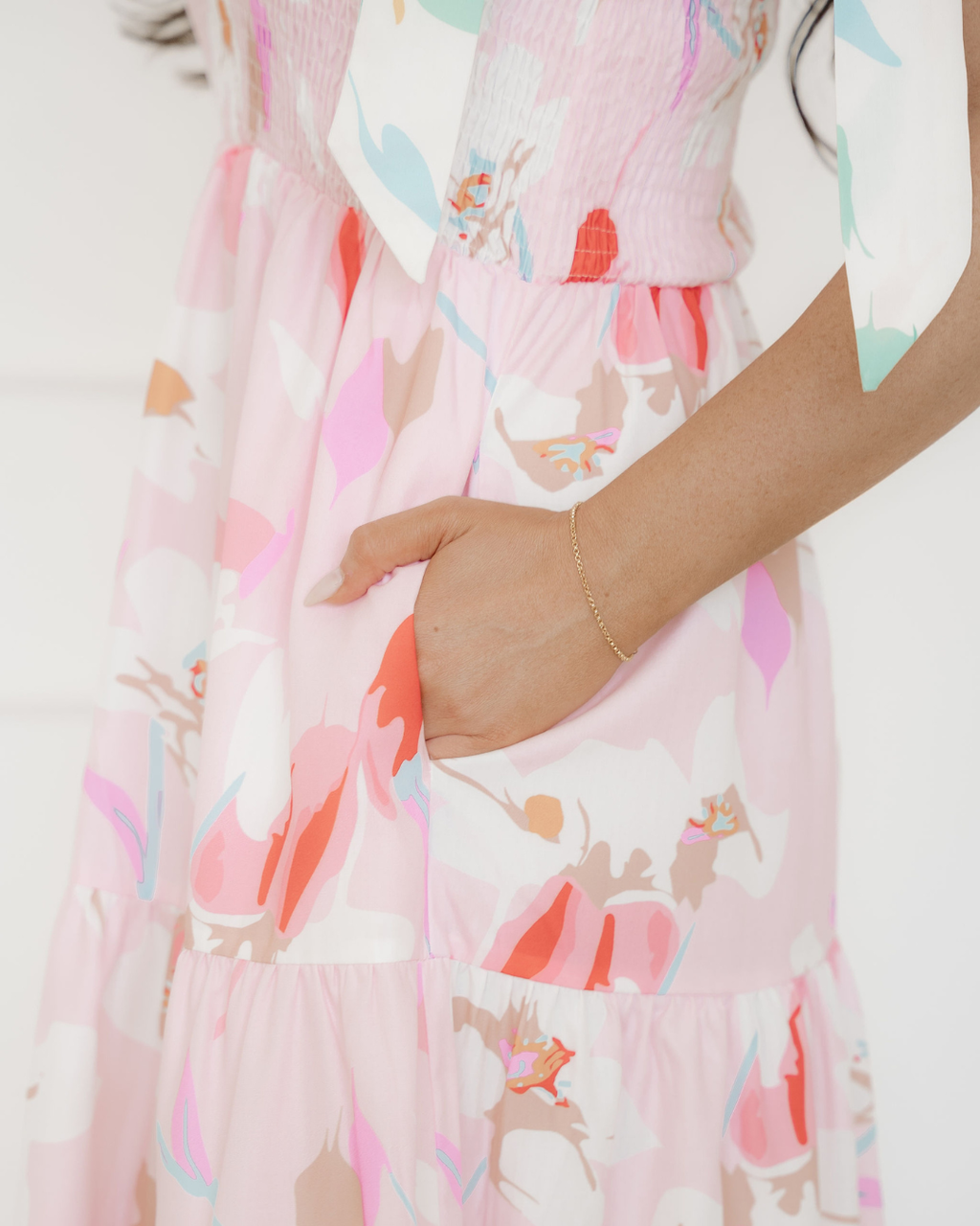 Solana Knotted Shoulder Smocked Maxi Dress