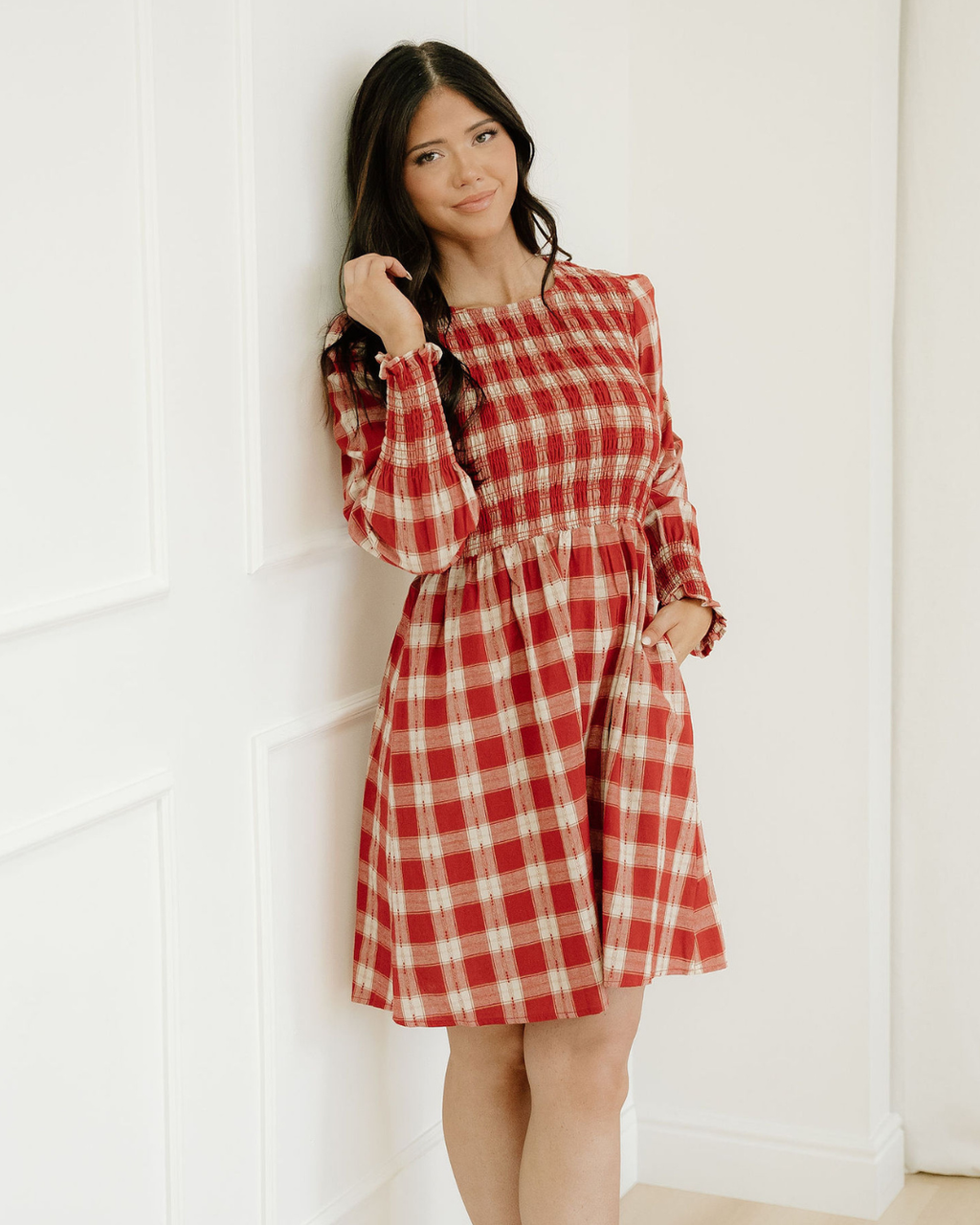 Presley Plaid Print Smocked Puff Sleeve Mini Dress Indie & Co.