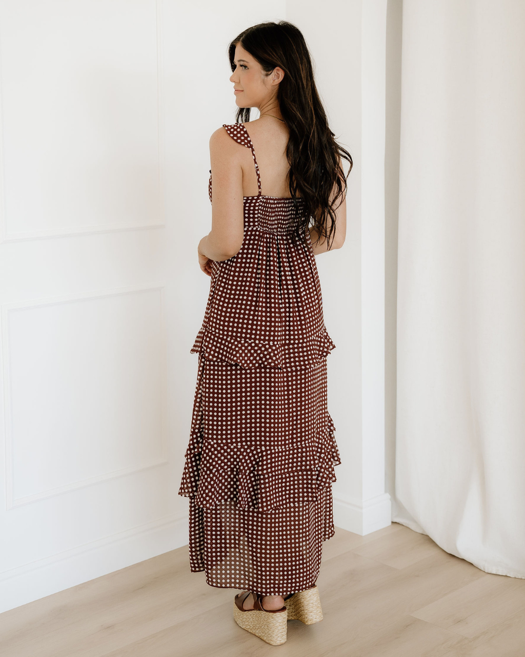 Irene Coffee Polka Dot Print Backless Ruffled Tiered Maxi Dress Indie & Co.