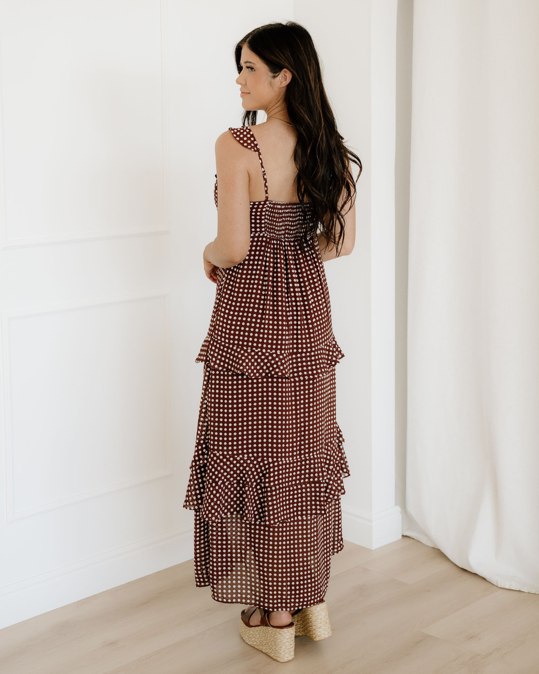Irene Coffee Polka Dot Print Backless Ruffled Tiered Maxi Dress Indie & Co.