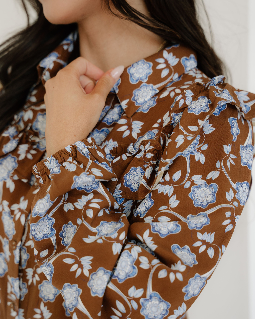 Luella Floral Print Ruffled Detail Shirt Collar Button Down Long Sleeve Dress Indie & Co.