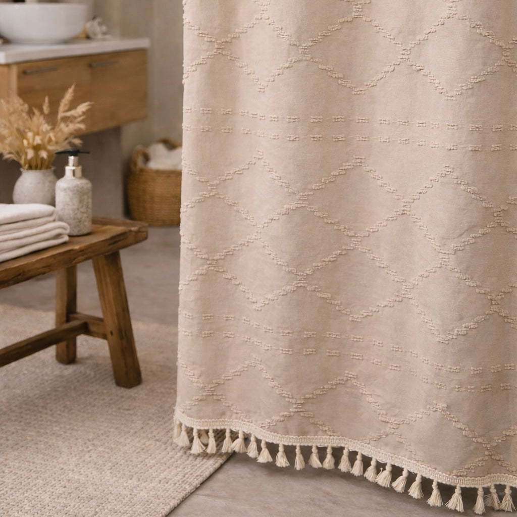 Valencia Tufted Beige Shower Curtain Busa Designs