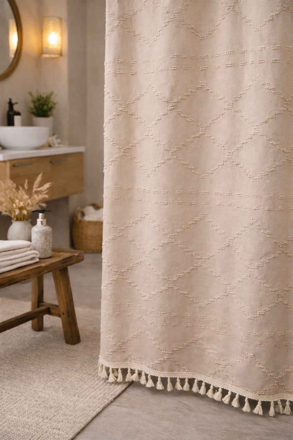 Valencia Tufted Beige Shower Curtain Busa Designs