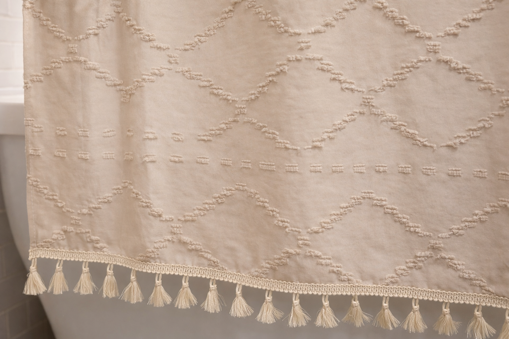 Valencia Tufted Beige Shower Curtain Busa Designs