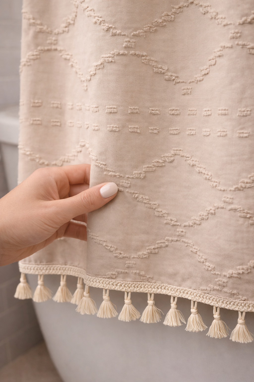 Valencia Tufted Beige Shower Curtain Busa Designs