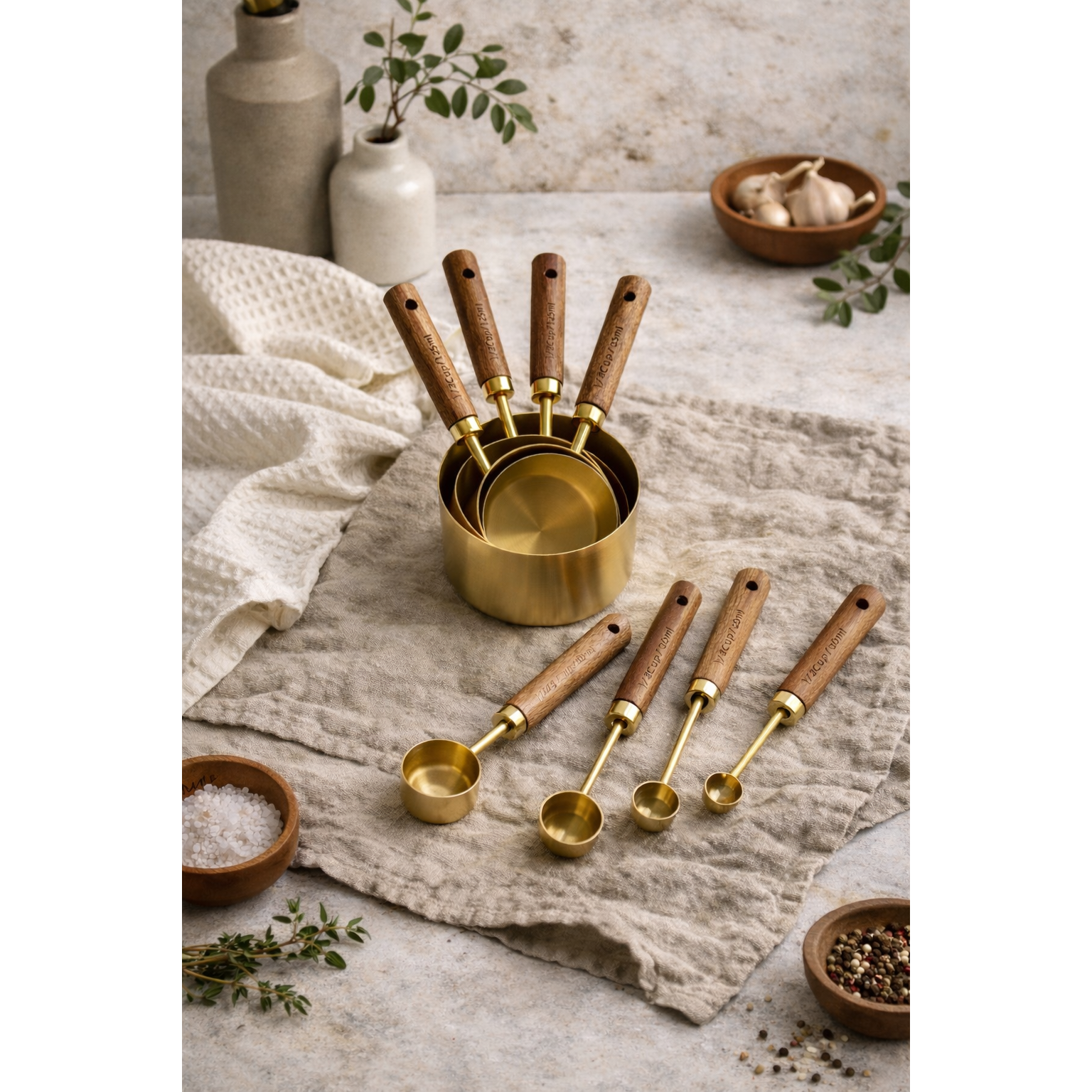 Montecito Acacia Wood & Gold Measuring Cups & Spoons Set Busa Designs