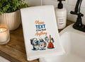 16x28 white microfiber hand towel with 'Please TEXT If You Need Anything' funny text displayed next to a soap dispenser by the bathroom sink