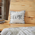 Small 9x9 farmhouse decorative pillow with 'u & me' text and a grey and white buffalo check ruffled border.