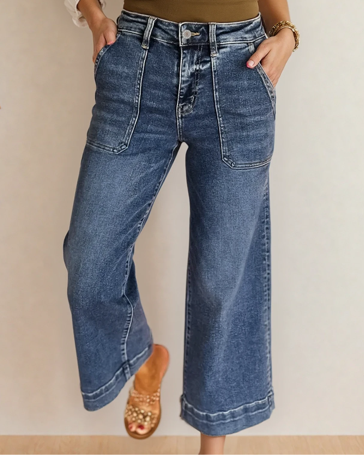 Front view of the Willow high-rise wide-leg cropped denim jeans in a classic Ashleigh Blue dark wash, featuring traditional pocket detailing and a relaxed silhouette.