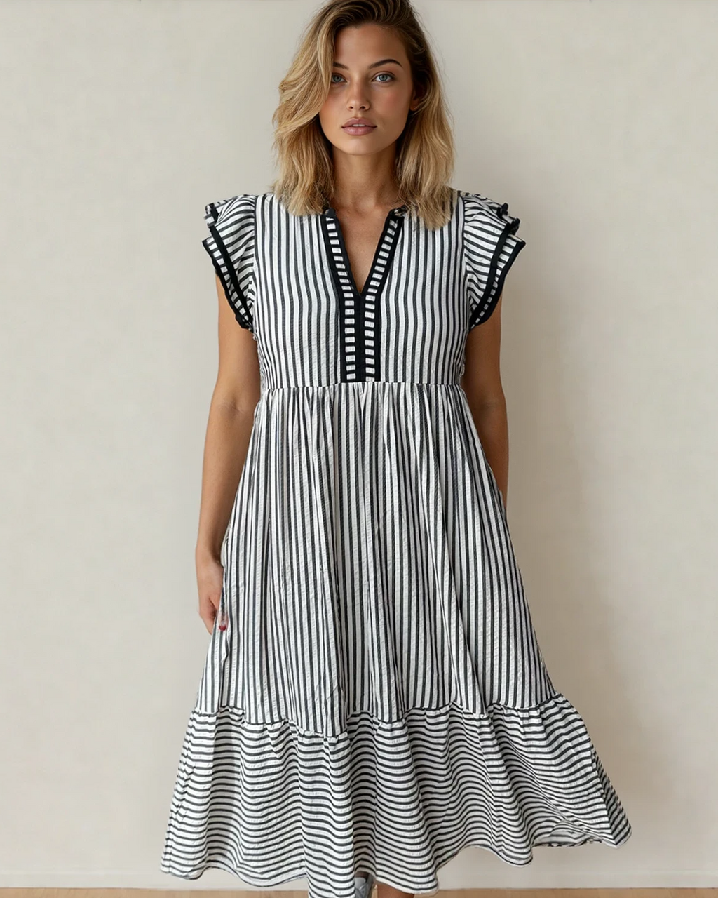 Front view of a black and white striped midi dress featuring romantic double ruffled short sleeves, a V-neckline, and subtle contrast trim accents.