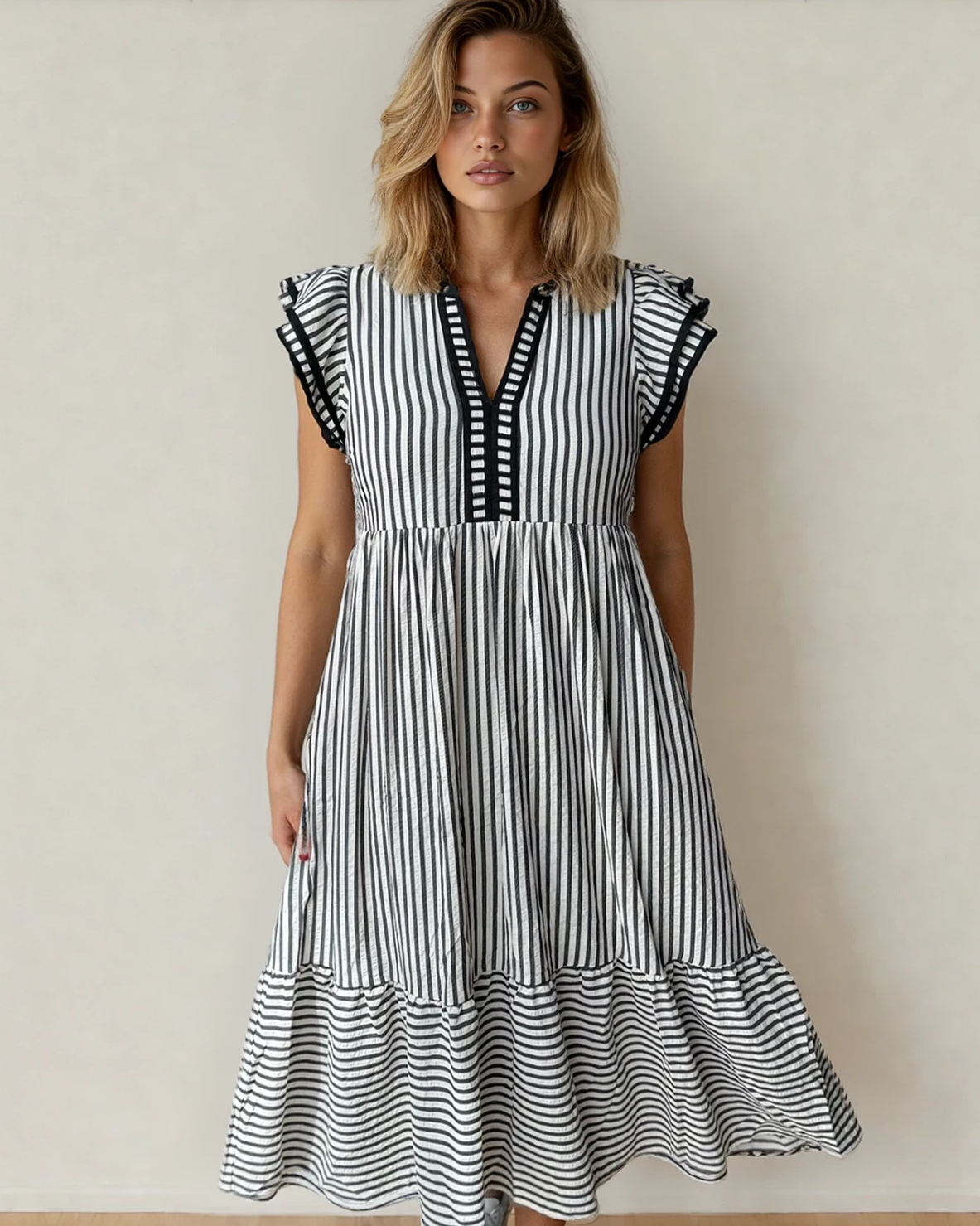 Front view of a black and white striped midi dress featuring romantic double ruffled short sleeves, a V-neckline, and subtle contrast trim accents.