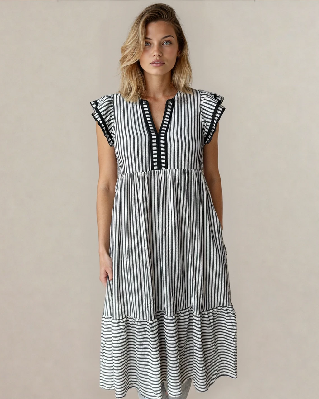 Nyla Double Ruffled Contrast Midi Dress