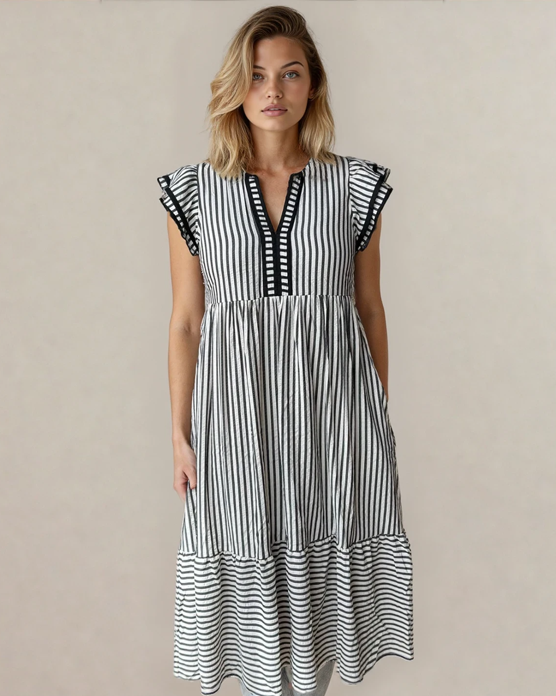 Nyla Double Ruffled Contrast Midi Dress