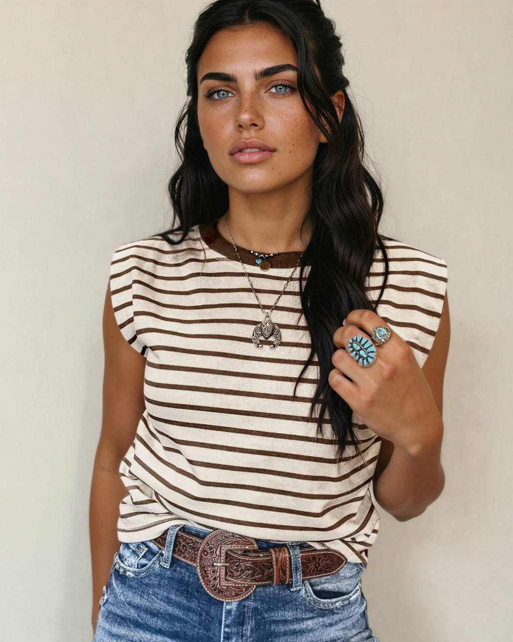 Serena Striped Contrast Trim Tank – Earthy Brown