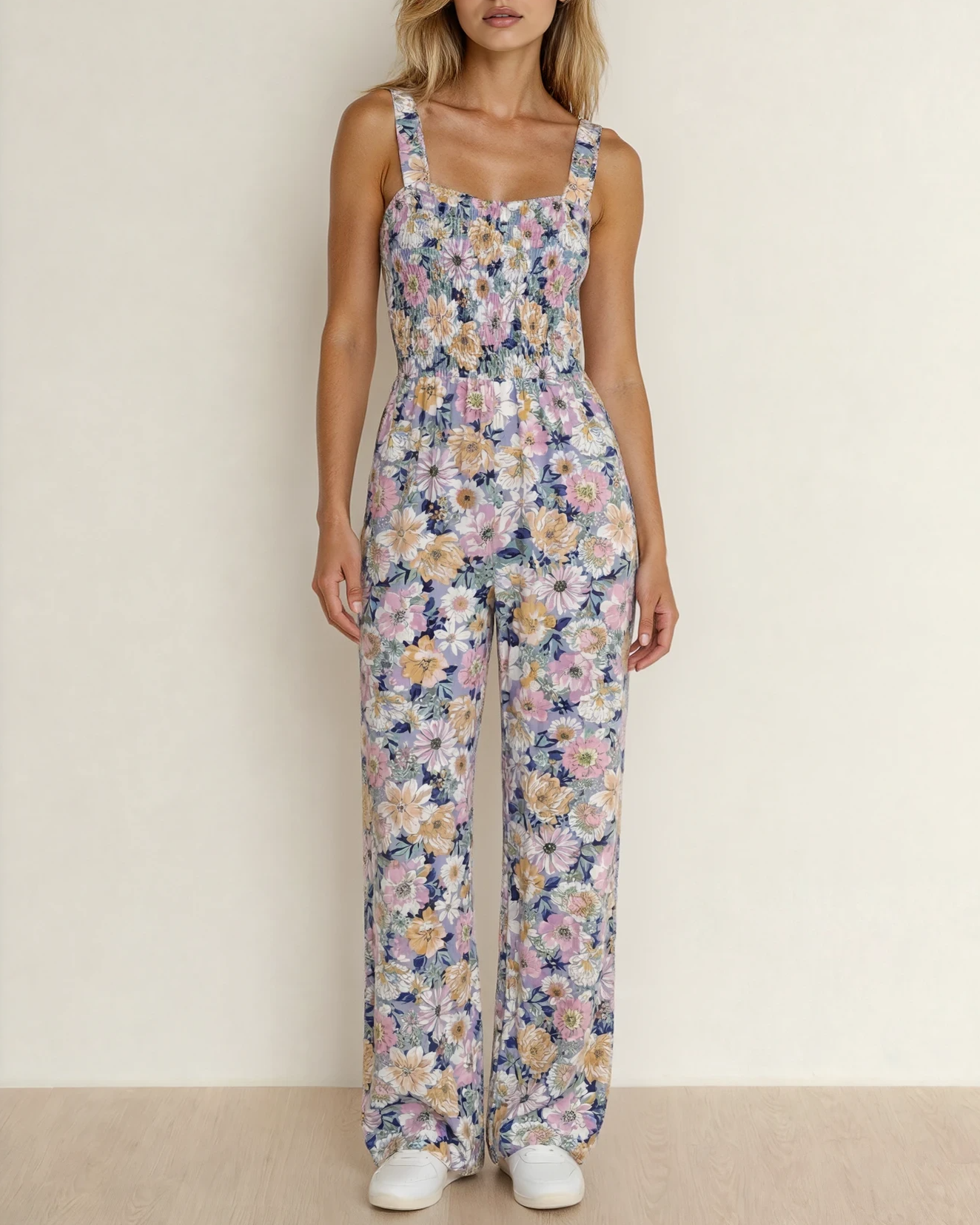 Angelica Square Neck Purple Floral High-Waist Jumpsuit