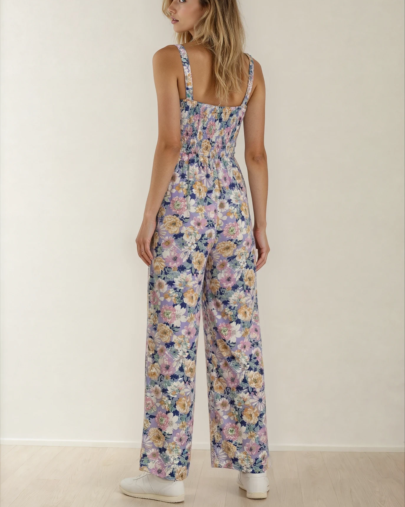 Angelica Square Neck Purple Floral High-Waist Jumpsuit
