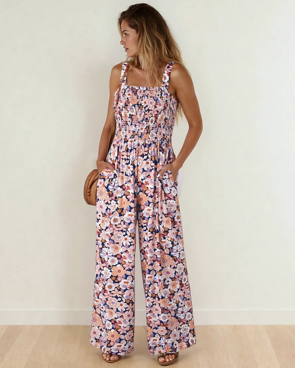 Angelica Square Neck Floral High-Waist Jumpsuit