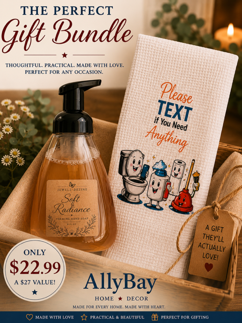 AllyBay Soft Radiance gift bundle featuring a bottle of homemade liquid soap and a rustic hand towel reading Text if you need anything.