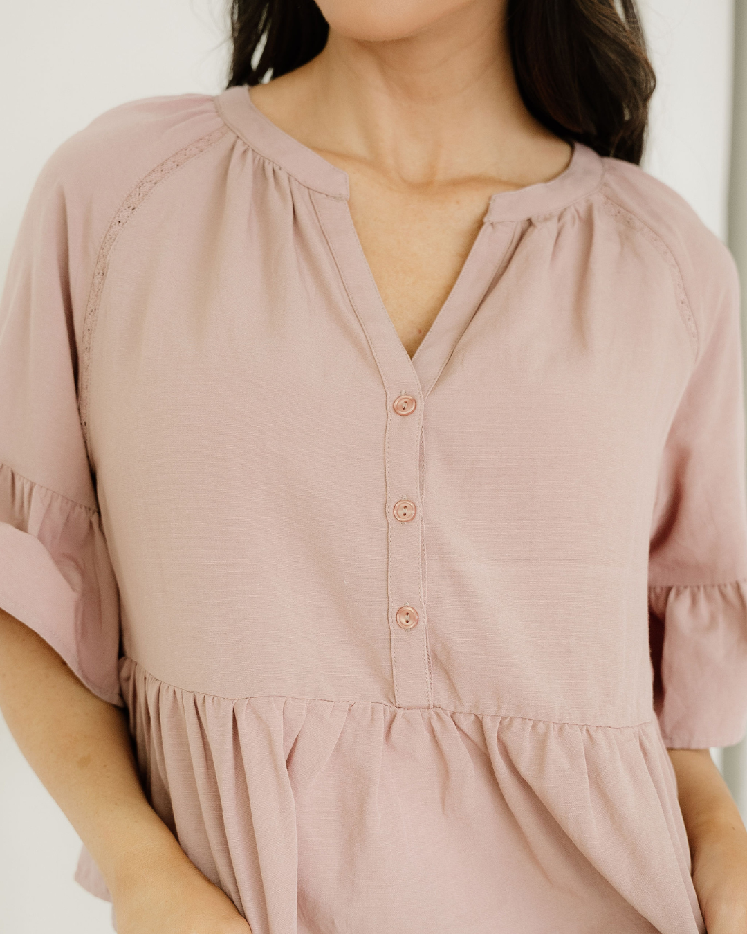 Mae Slit V Neck Ruffled Loose Blouse Indie & Co.