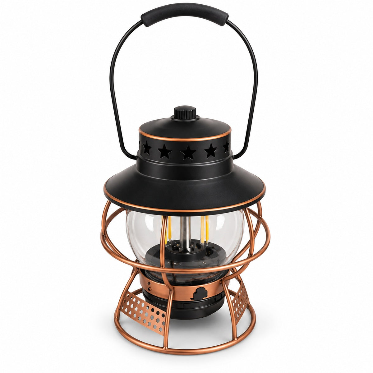 Vintage-style black and copper LED camping lantern with a glass globe and metal handle sitting on a neutral background.