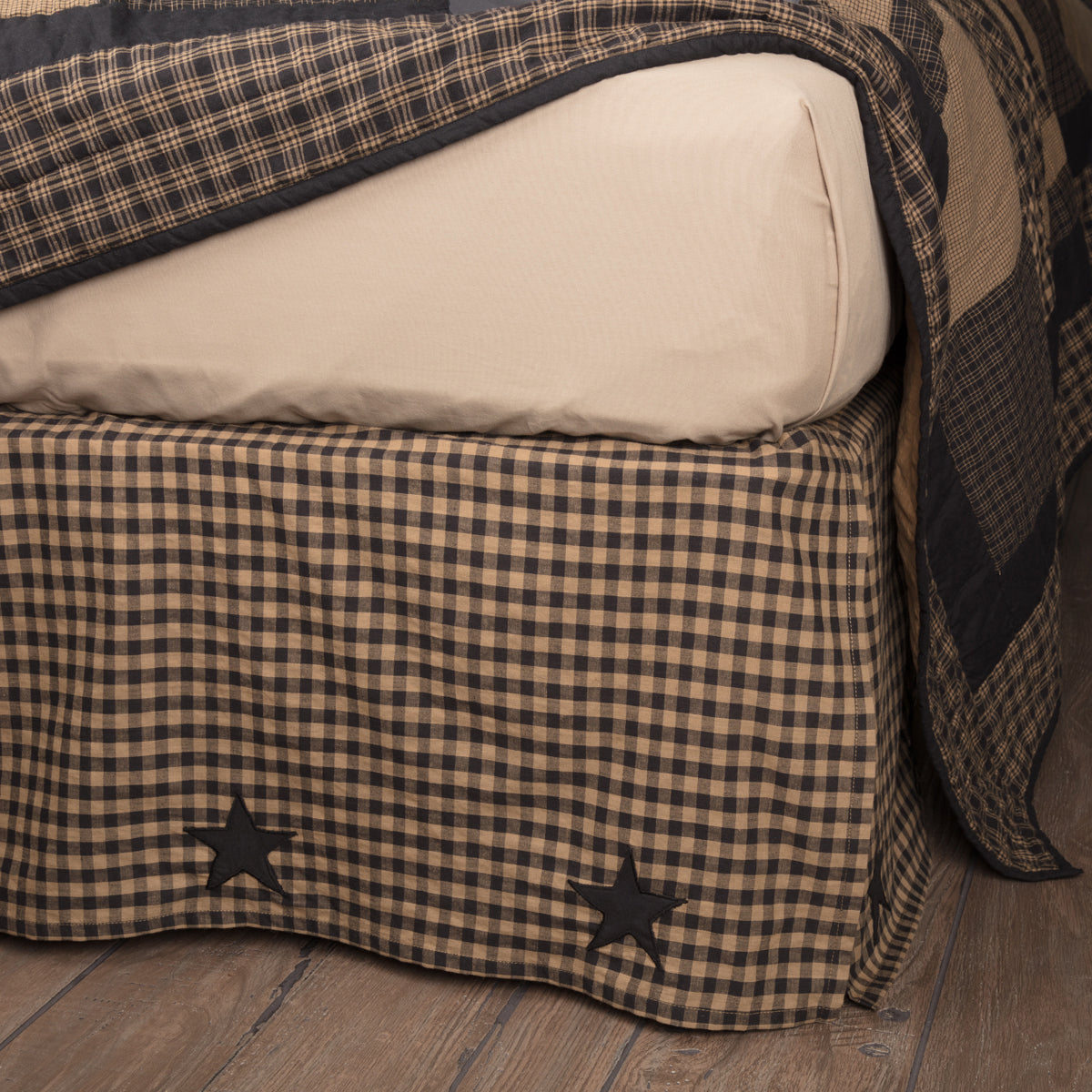 Primitive Black Star Checked Bed Skirt - Rustic Country Dust Ruffle VHC Brands