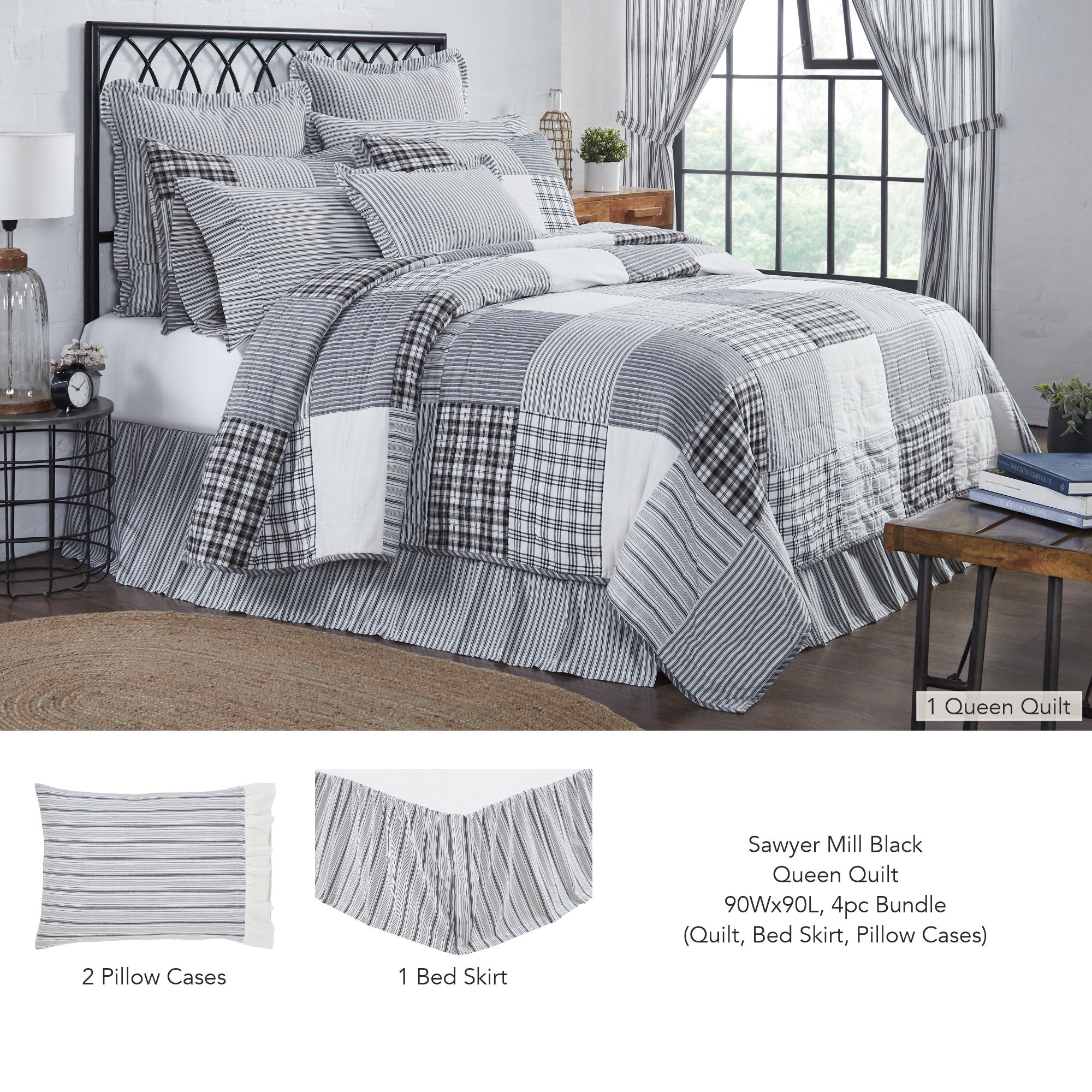 Sawyer Mill Charcoal queen bedding bundle featuring a 100% cotton patchwork quilt with rustic gray, black, and cream stripes and plaids styled on a queen bed.
