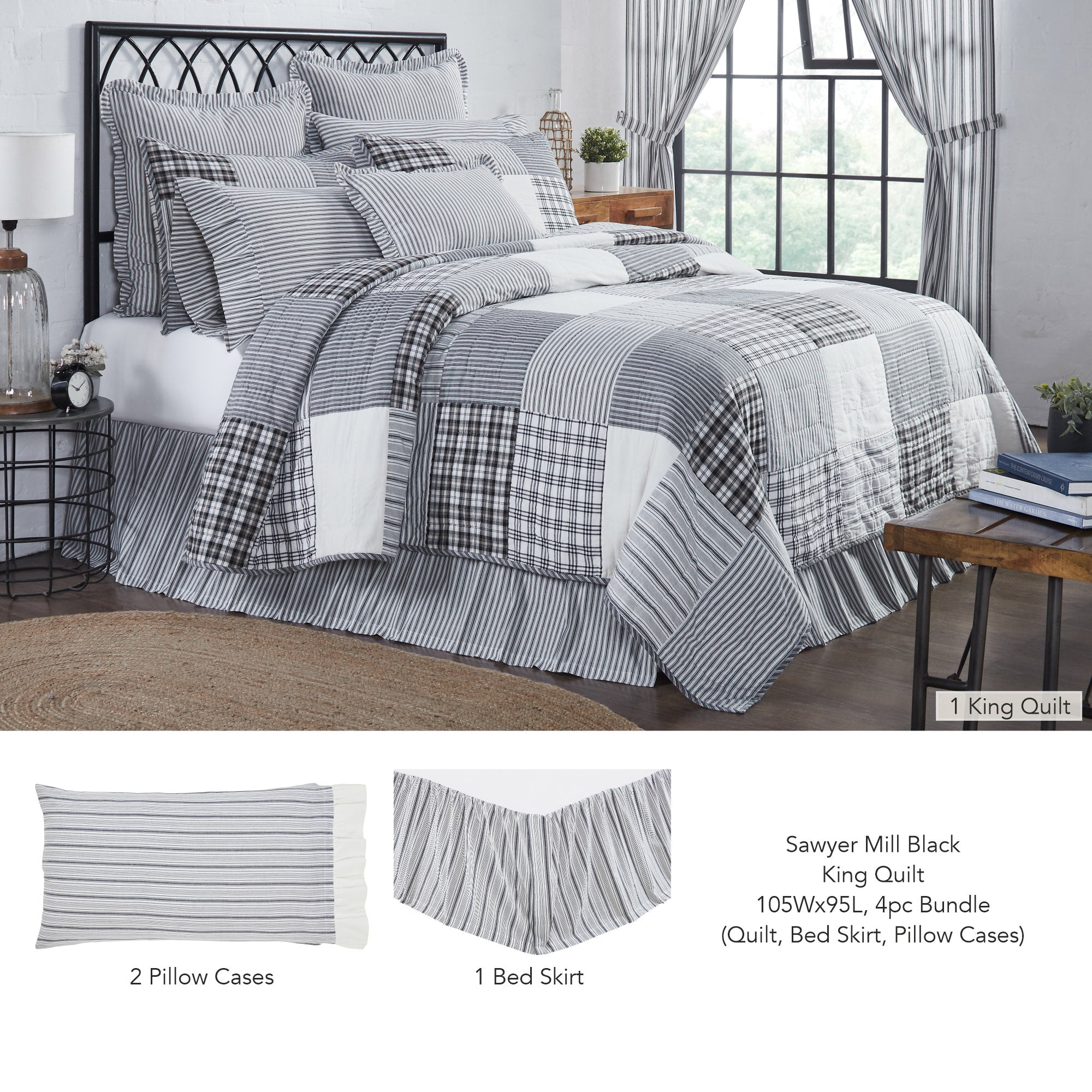 Sawyer Mill Charcoal bedding bundle featuring a 100% cotton patchwork quilt with gray, black, and cream plaids, stripes, and matching shams on a farmhouse-style bed.