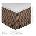 Primitive black and tan checked bed skirt with a 16-inch drop and split corners on a queen bed frame.
