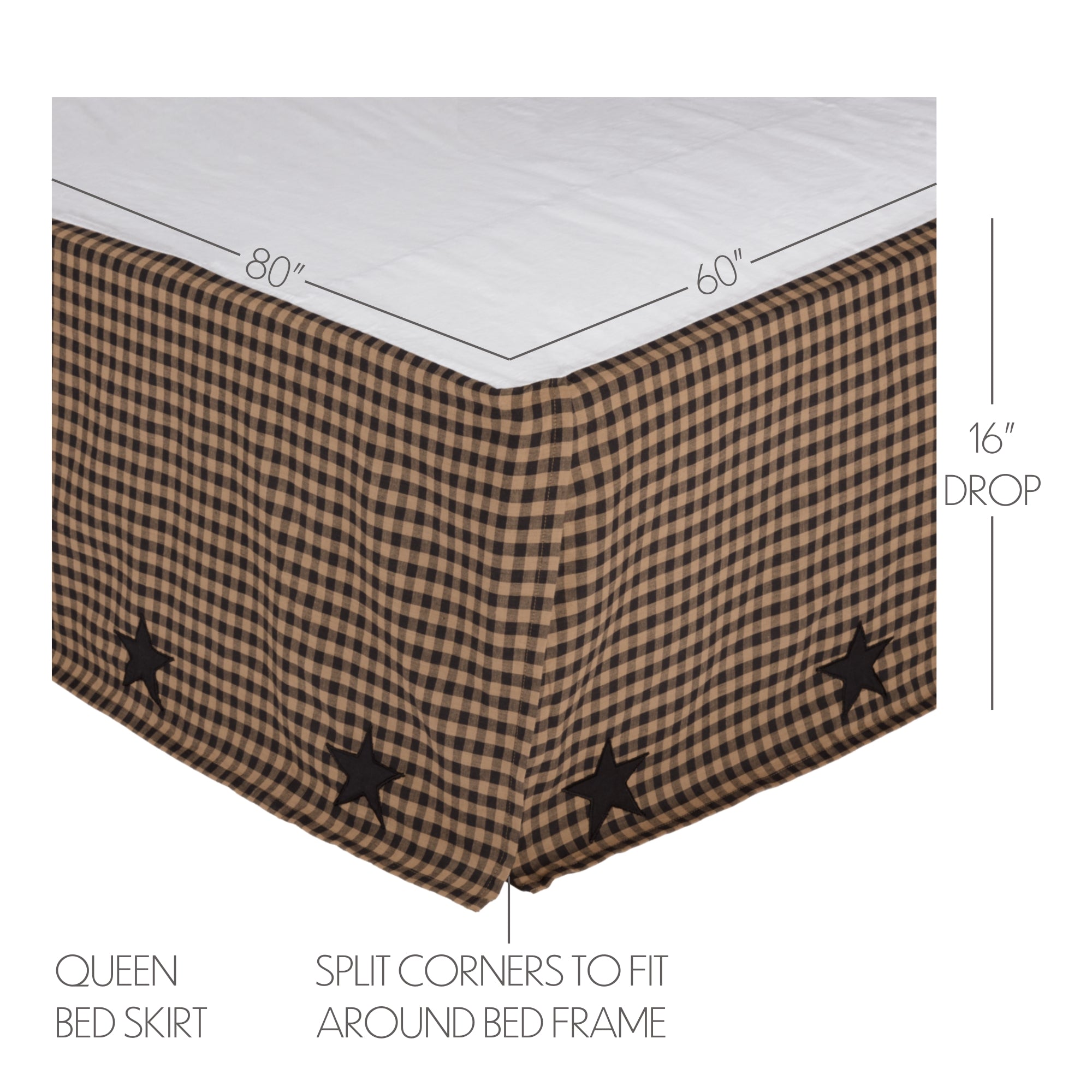 Primitive black and tan checked bed skirt with a 16-inch drop and split corners on a queen bed frame.