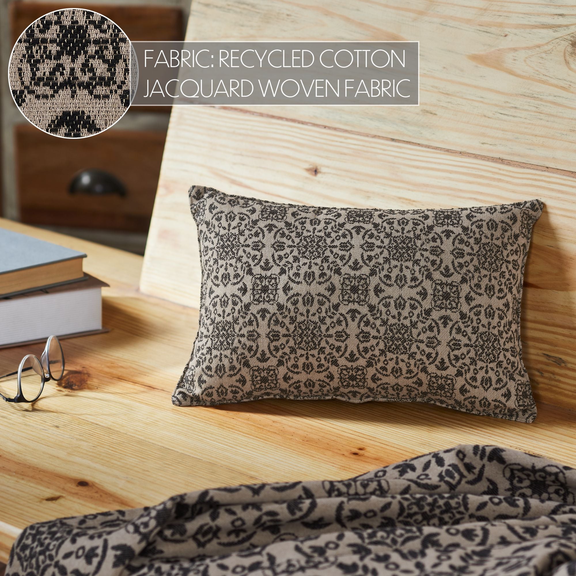 VHC Black & Tan Jacquard Lumbar Pillow 9.5" x 14" | Primitive Farmhouse Accent Pillow