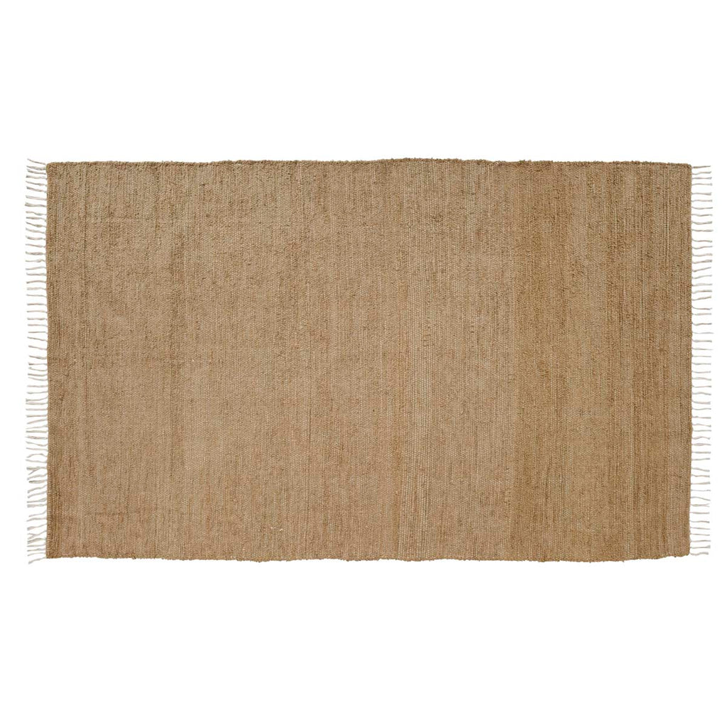 Full rectangular view of natural jute burlap area rug on a clean background.