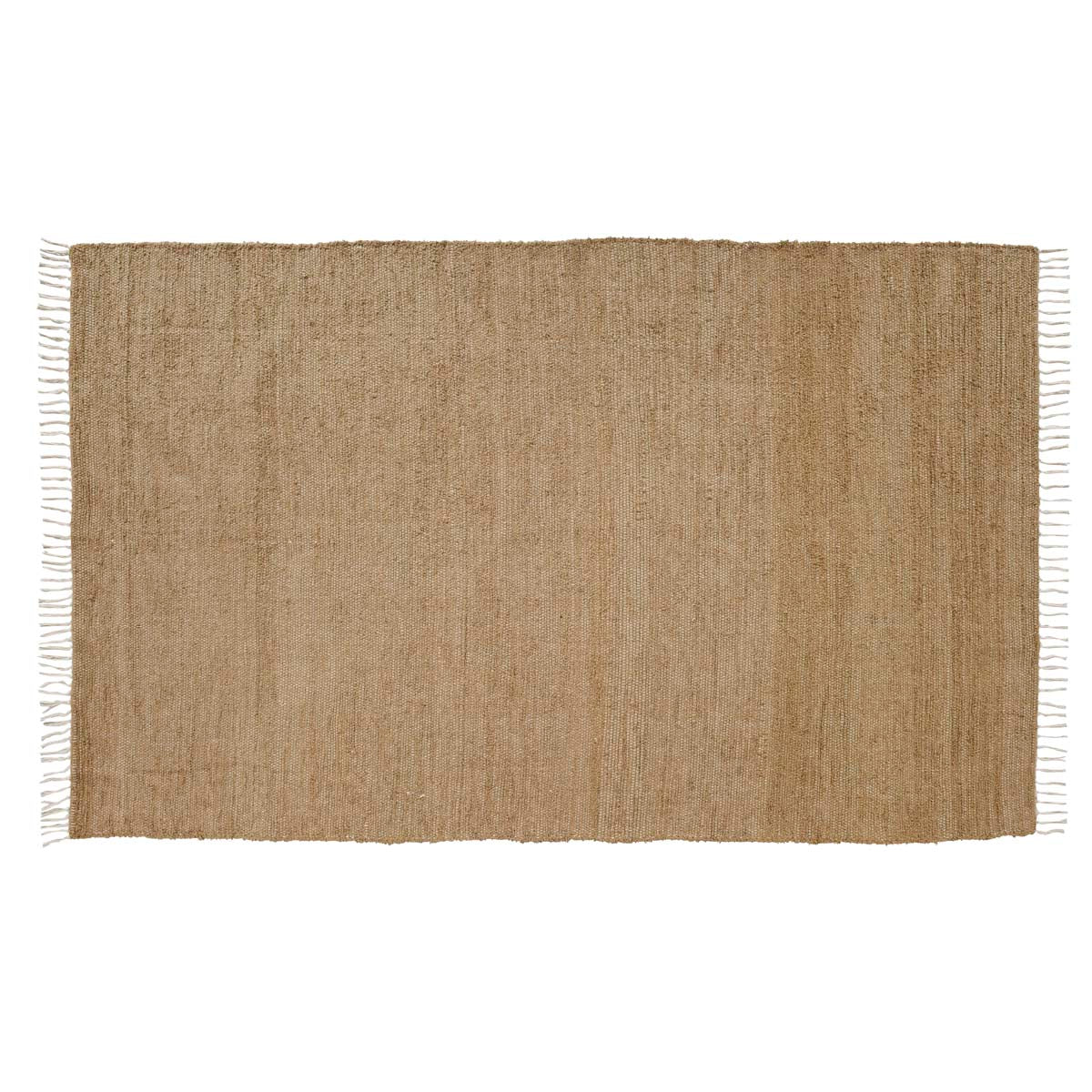 Full rectangular view of natural jute burlap area rug on a clean background.