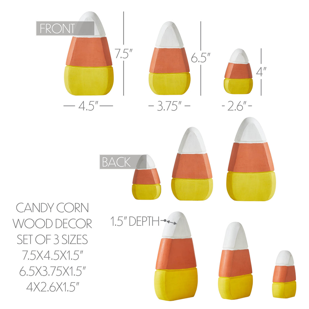 Dimensions graphic showing heights and widths for small, medium, and large wooden candy corn pieces.