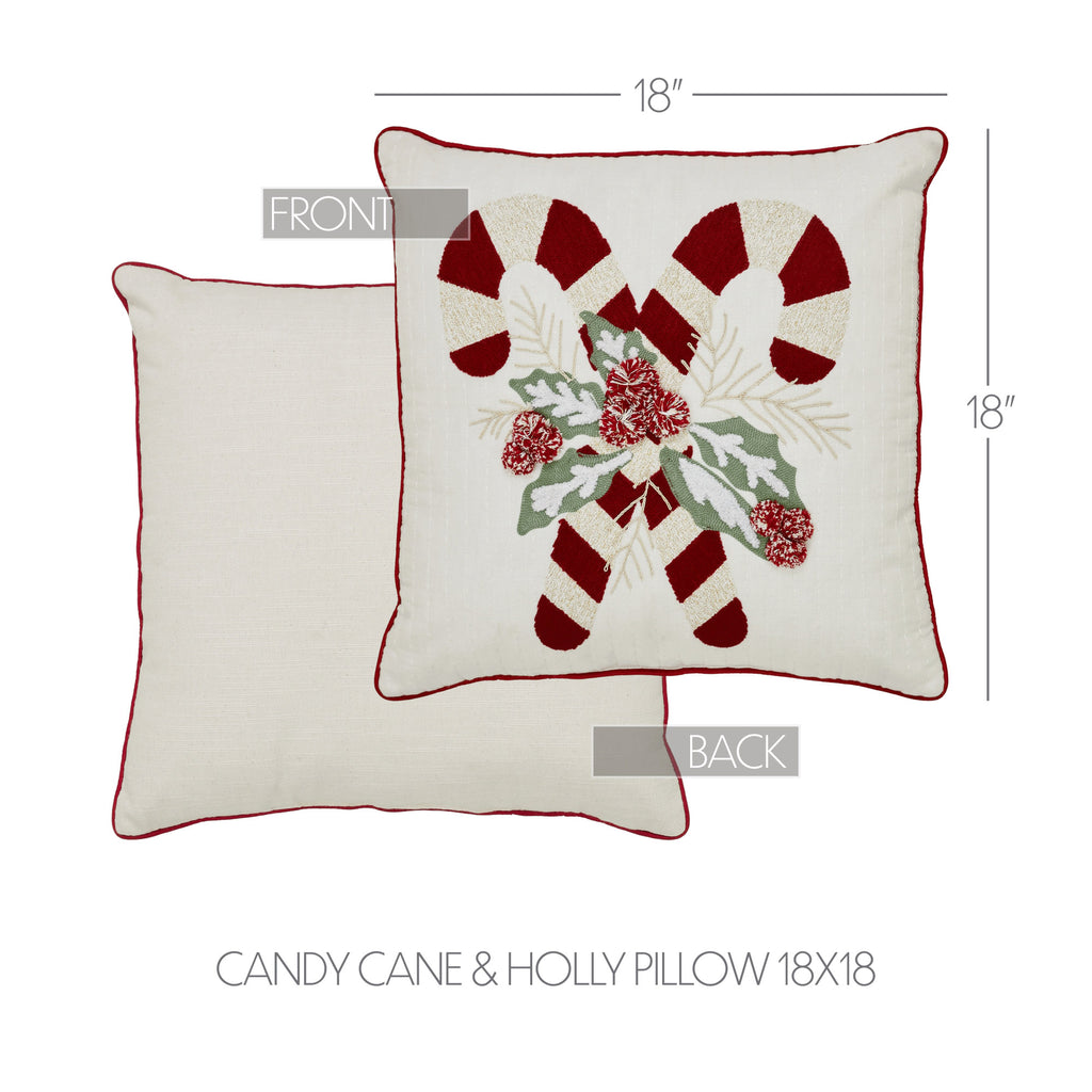 Technical design blueprint view highlighting the embroidery layout and specifications of the candy cane pillow.