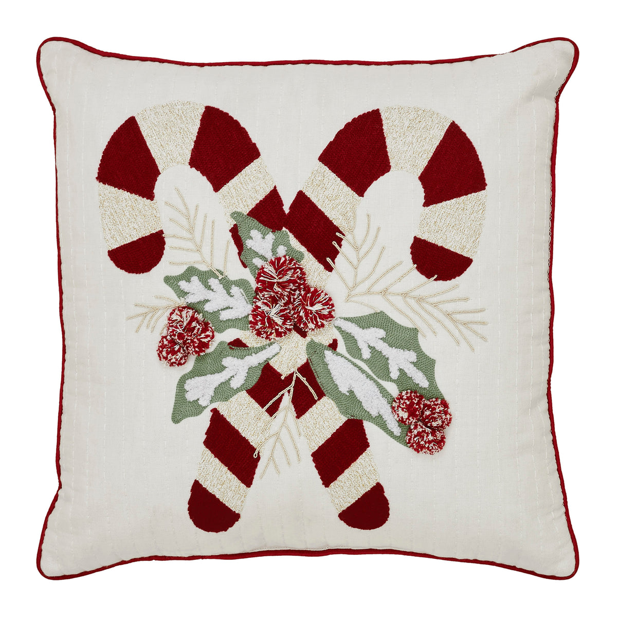 Isolated view of the holiday accent pillow featuring crossed candy canes, red bow, and green holly embroidery.