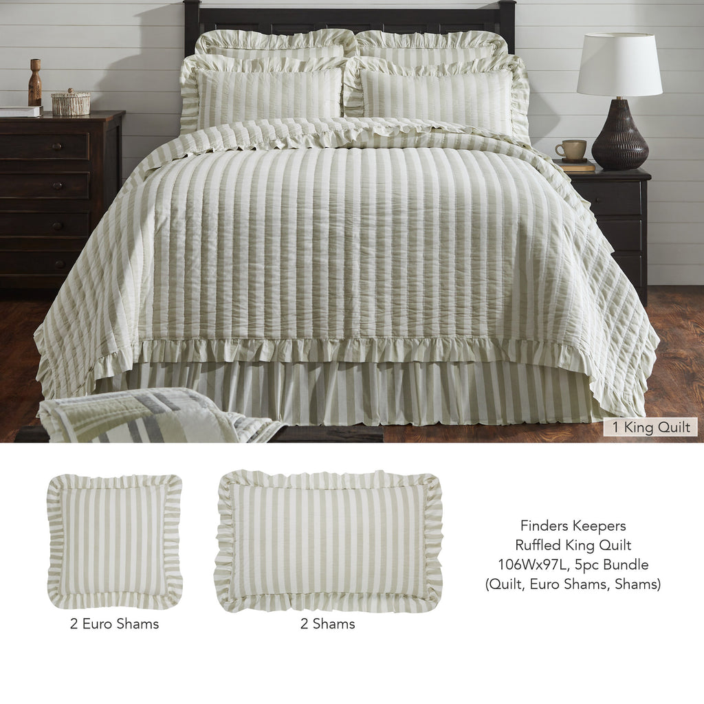 Finders Keepers Ruffled Grey Stripe 5pc Quilt Bundle - King