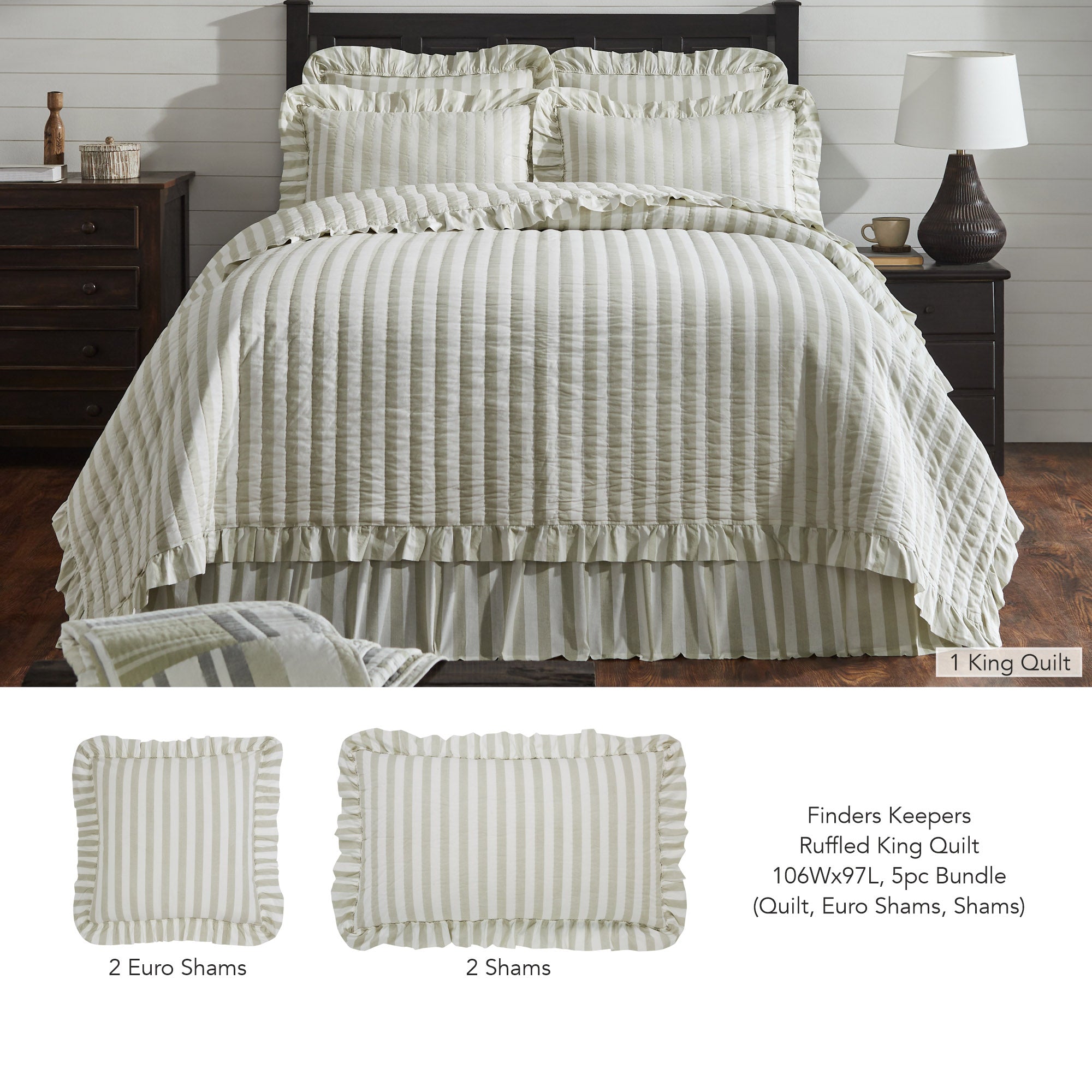 Finders Keepers Ruffled Grey Stripe 5pc Quilt Bundle - King