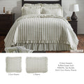 Queen size grey and white ticking stripe ruffled quilt set on a bed with two matching ruffly Euro shams and two standard shams.