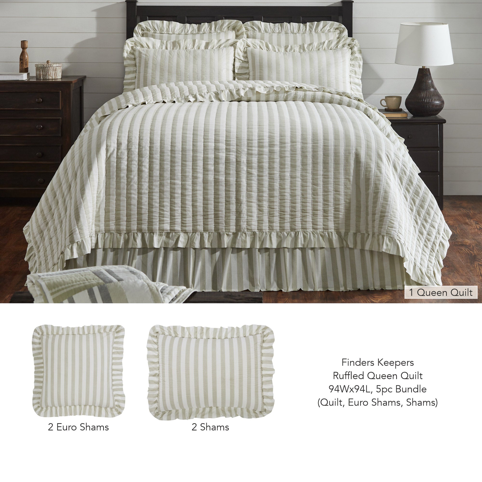 Queen size grey and white ticking stripe ruffled quilt set on a bed with two matching ruffly Euro shams and two standard shams.