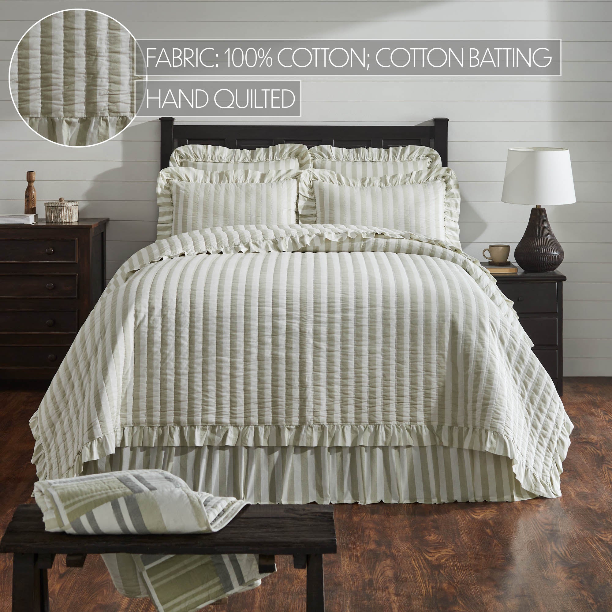 Finders Keepers Ruffled Queen 5pc Quilt Bundle - Grey Stripe