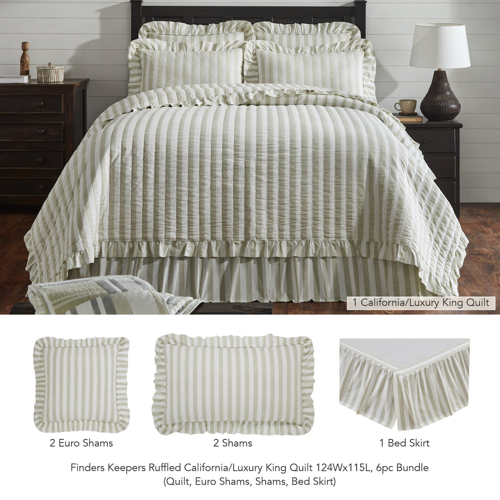 Finders Keepers Ruffled Grey Stripe 6pc Quilt Bundle on a bed with layered shams and ruffled bed skirt