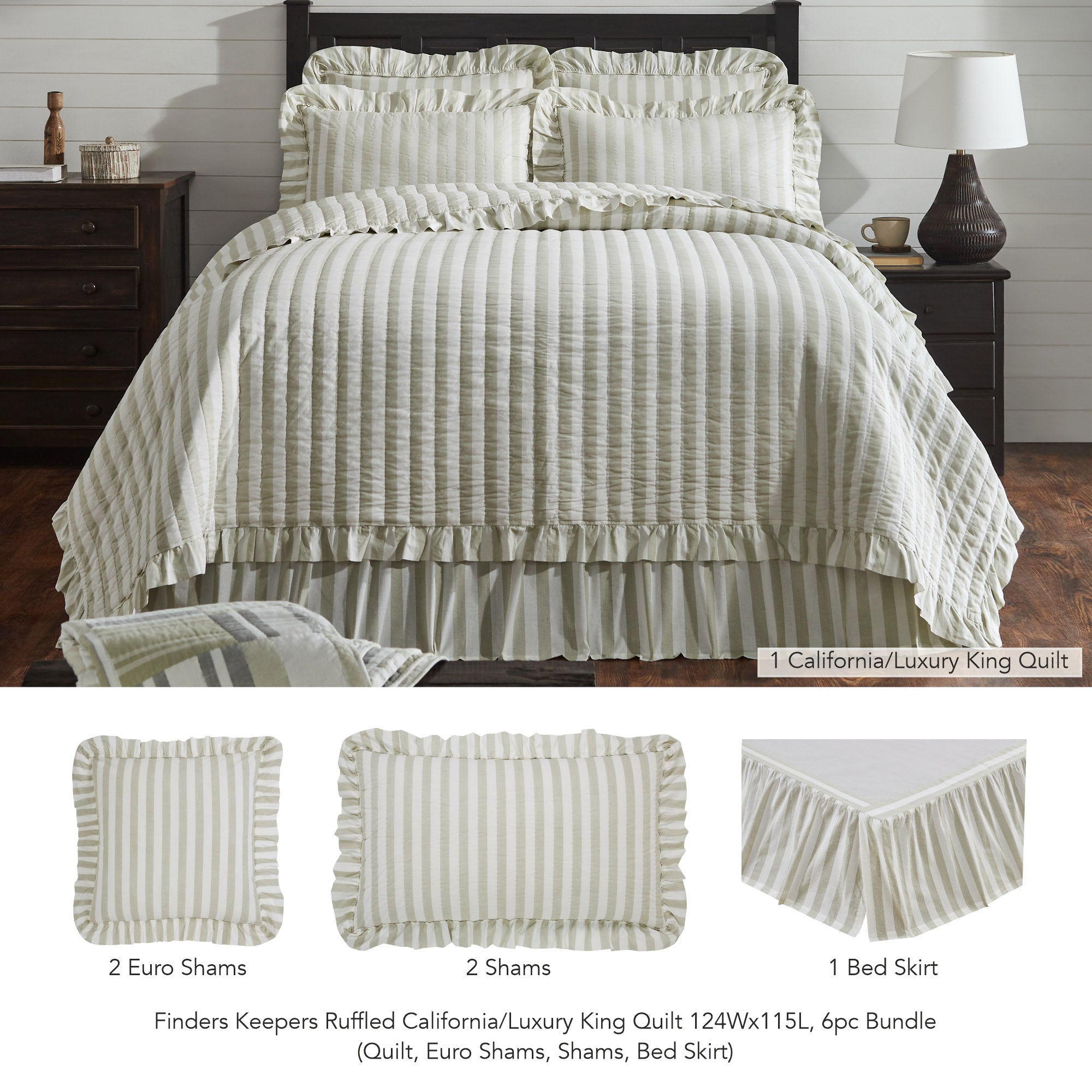 Finders Keepers Ruffled Grey Stripe 6pc Quilt Bundle on a bed with layered shams and ruffled bed skirt
